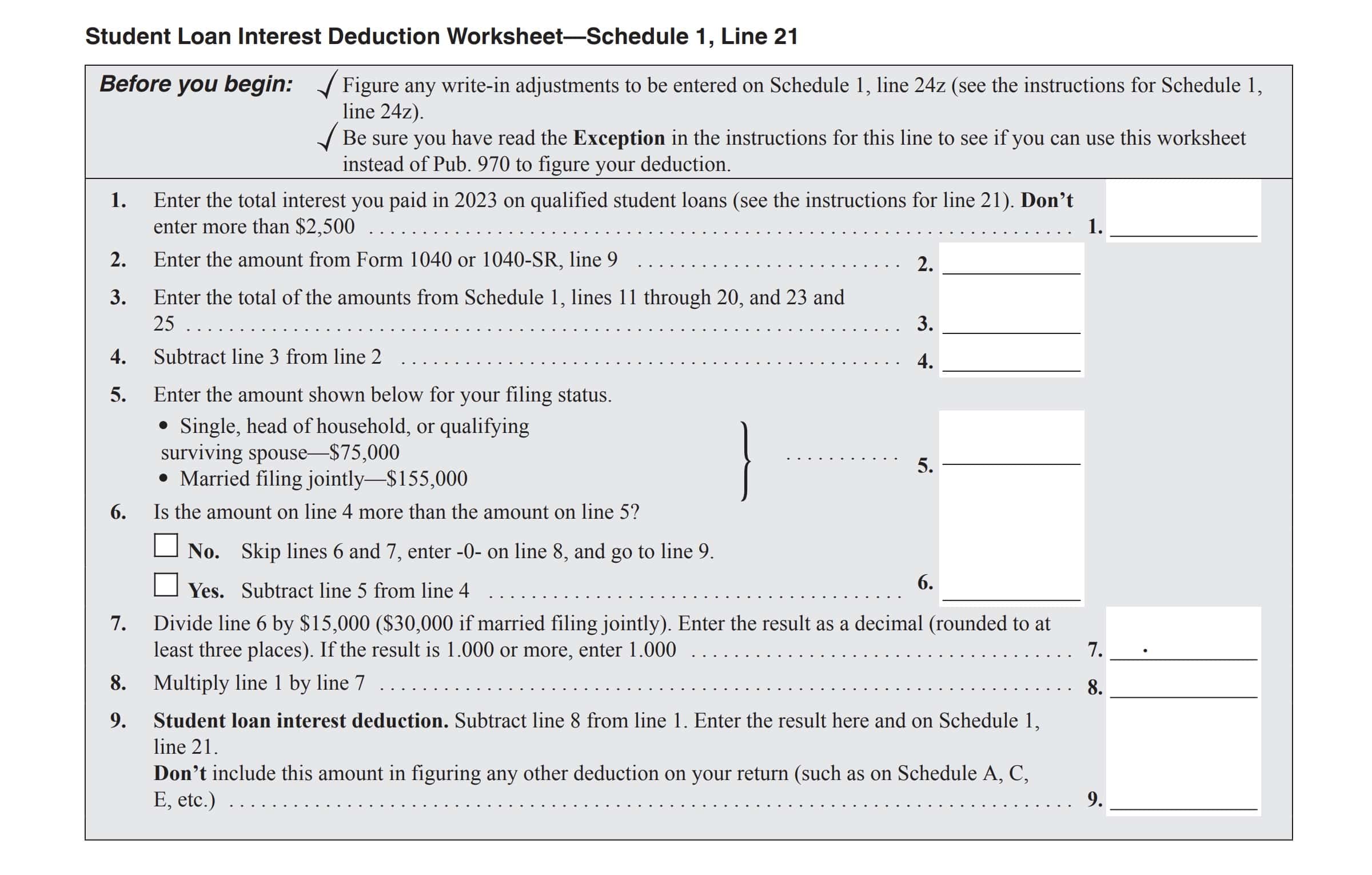 student loan interest deduction worksheet, schedule 1, line 21