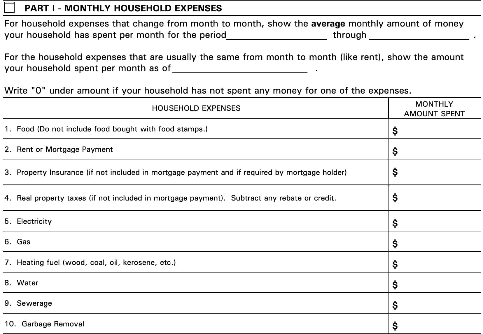 part i: monthly household expenses