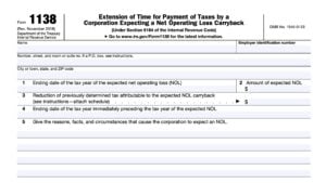 irs form 1138, Extension of Time for Payment of Taxes by a Corporation Expecting a Net Operating Loss Carryback