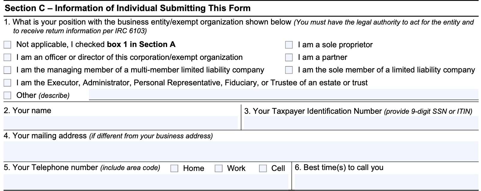 irs form 14039-b, section c: information of individual submitting this form