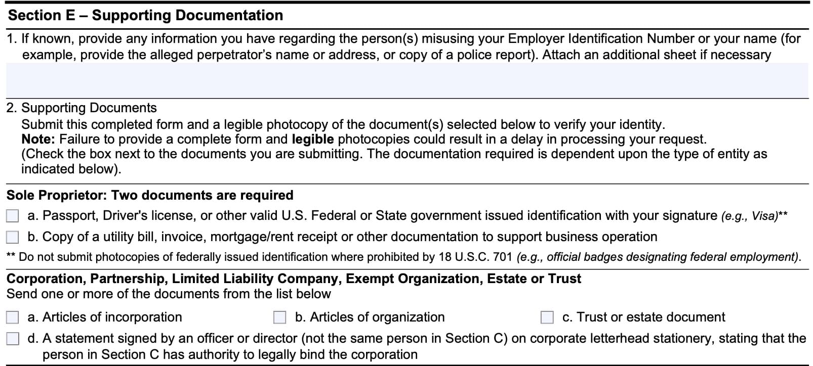 irs form 14039-b, section e: supporting documentation