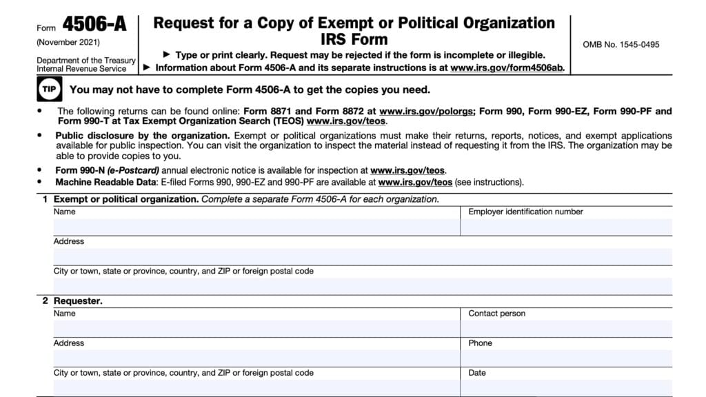 irs form 4506-a, request for a copy of exempt or political organization irs form