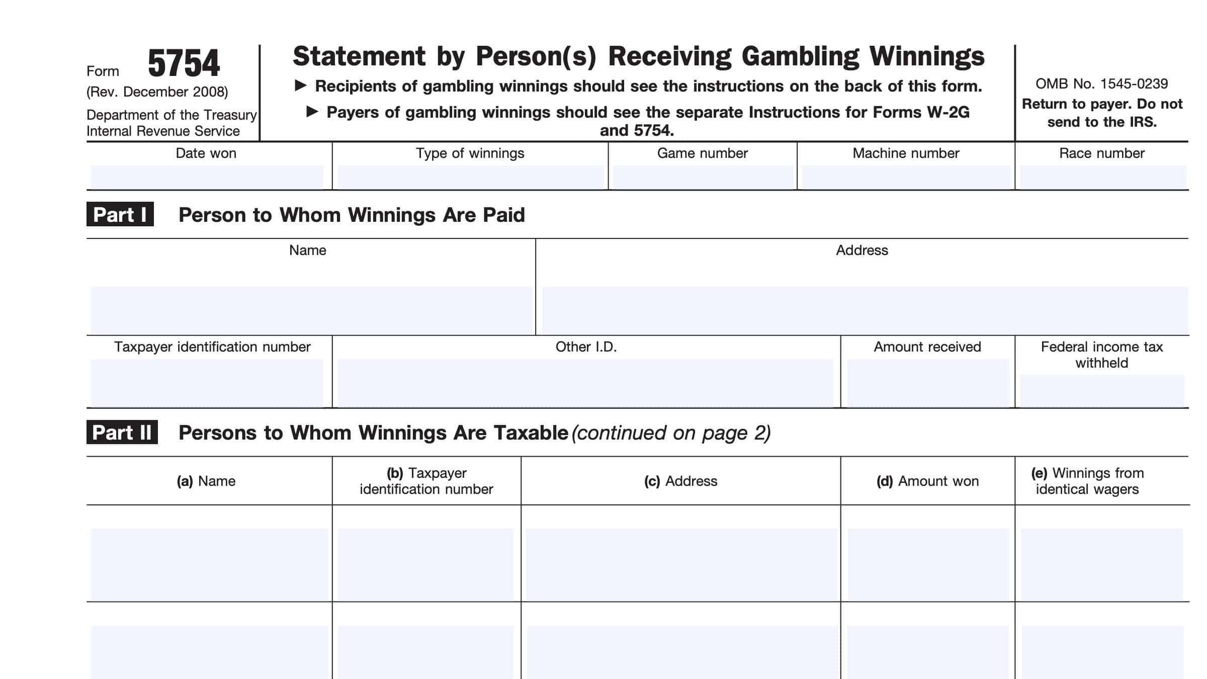 IRS Form 5754 Instructions - Reporting Gambling Winnings