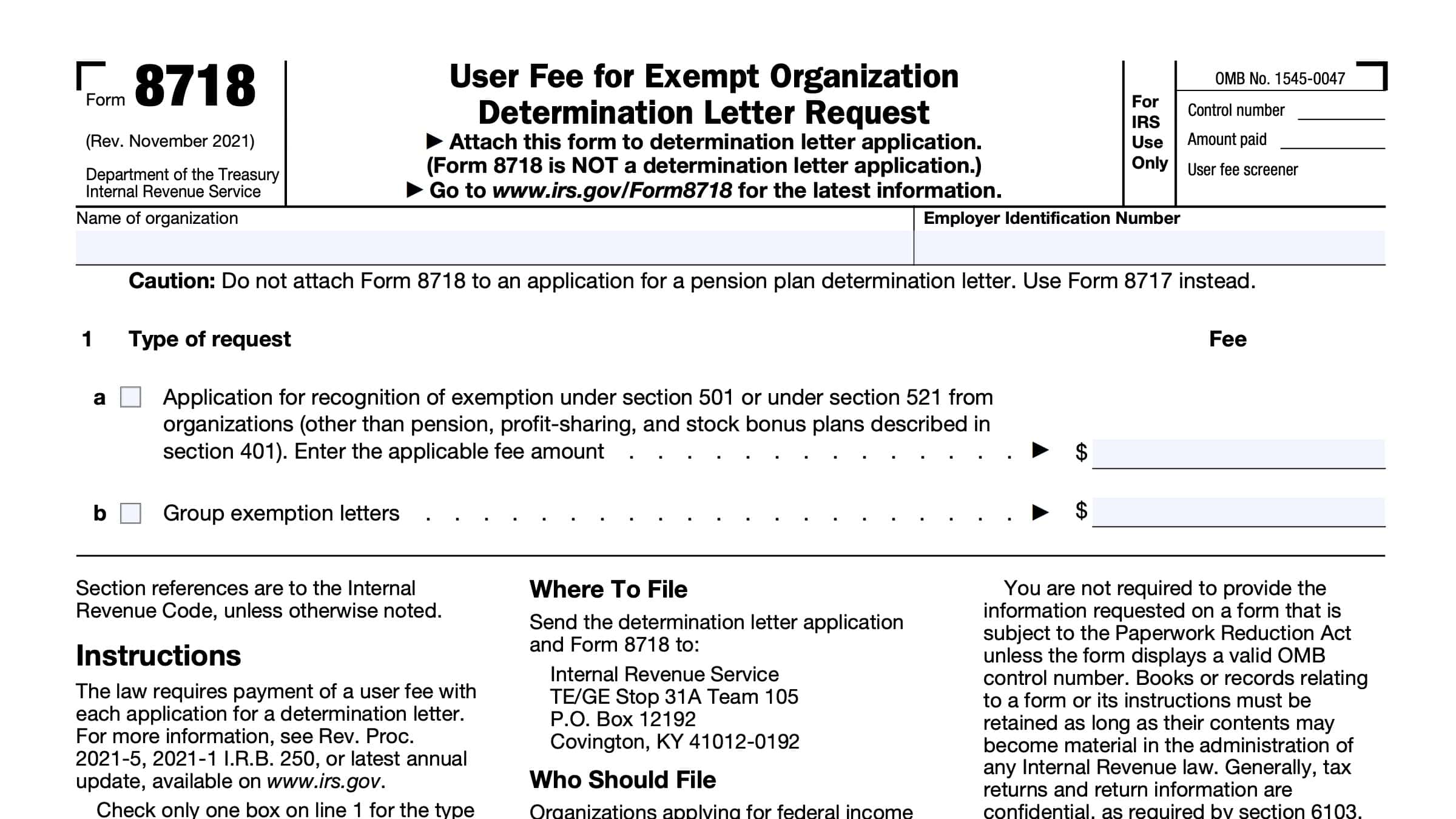 irs form 8718, user fee for exempt organization determination letter request