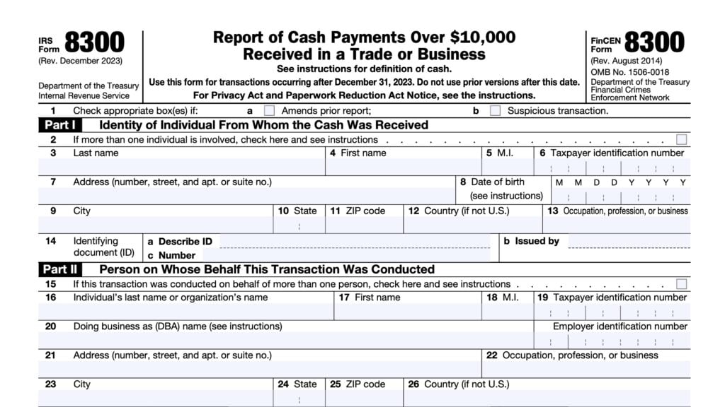 irs form 8300, report of cash payments over $10,000 received in a trade or business