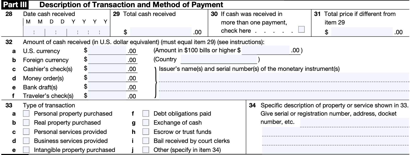 part III: description of transaction and method of payment