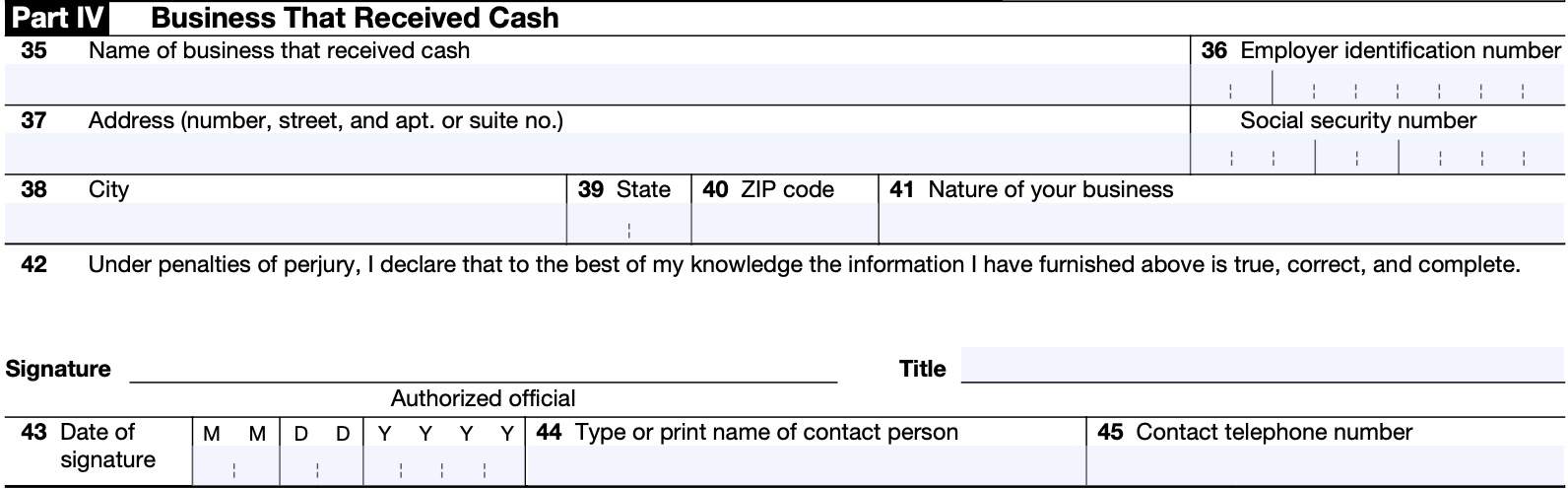 irs form 8300 part IV: business that received cash