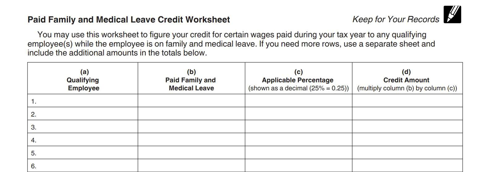 paid family and medical leave credit worksheet