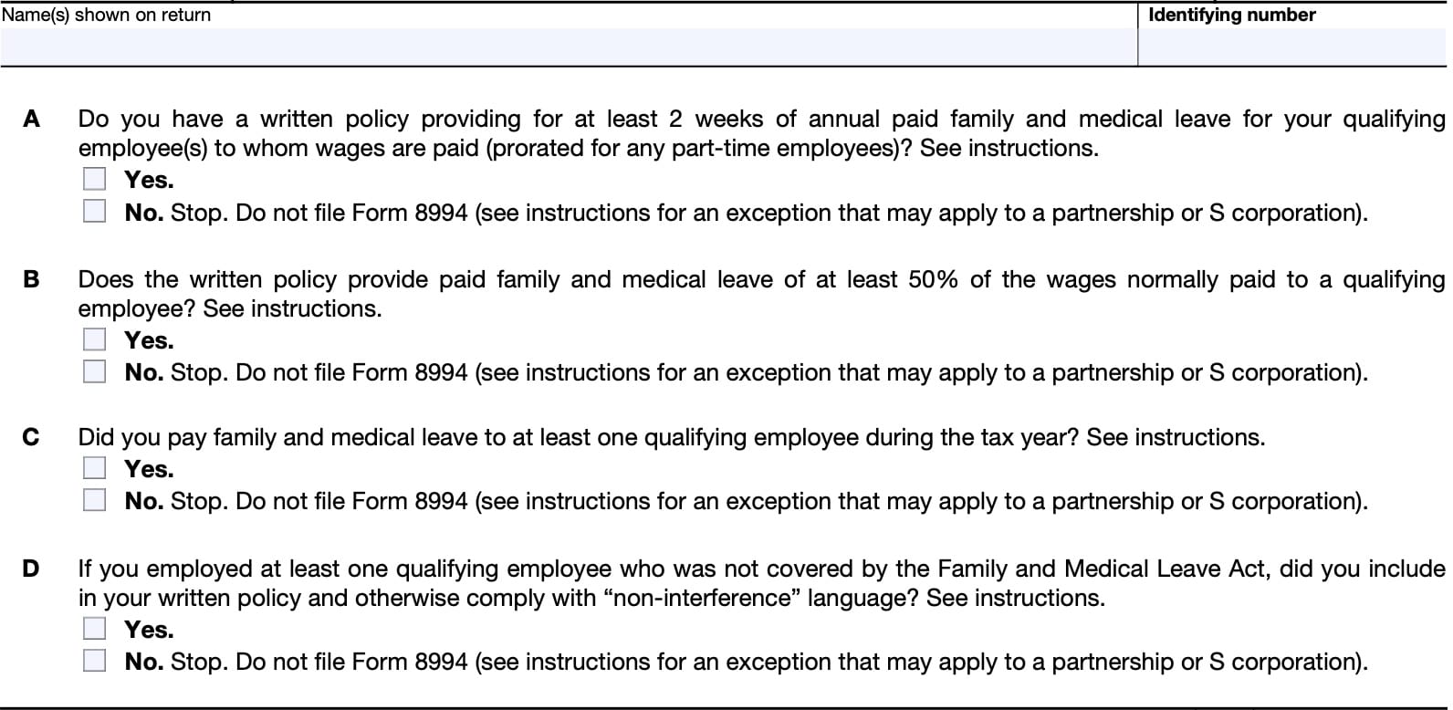 irs form 8994, questions a through d