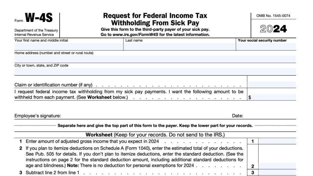 irs form w-4s, request for federal income tax withholding from sick pay