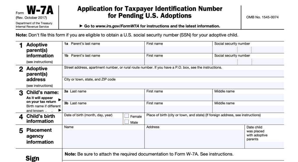irs form w-7a, application for taxpayer identification number for pending U.S. adoptions