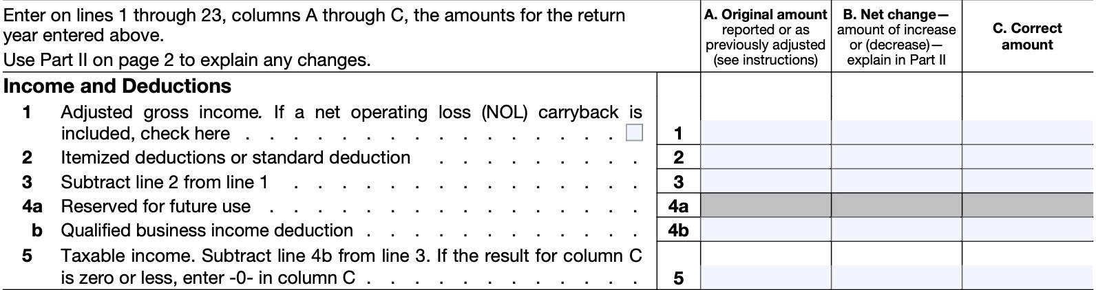 irs form 1040-x, income and deductions