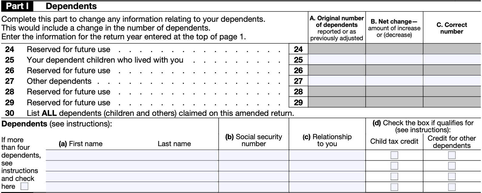 irs form 1040-x part i, dependents