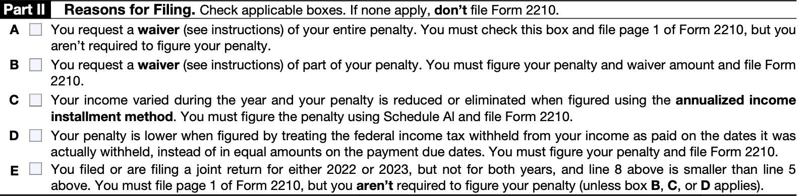 IRS Form 2210 Part II-Reasons for Filing