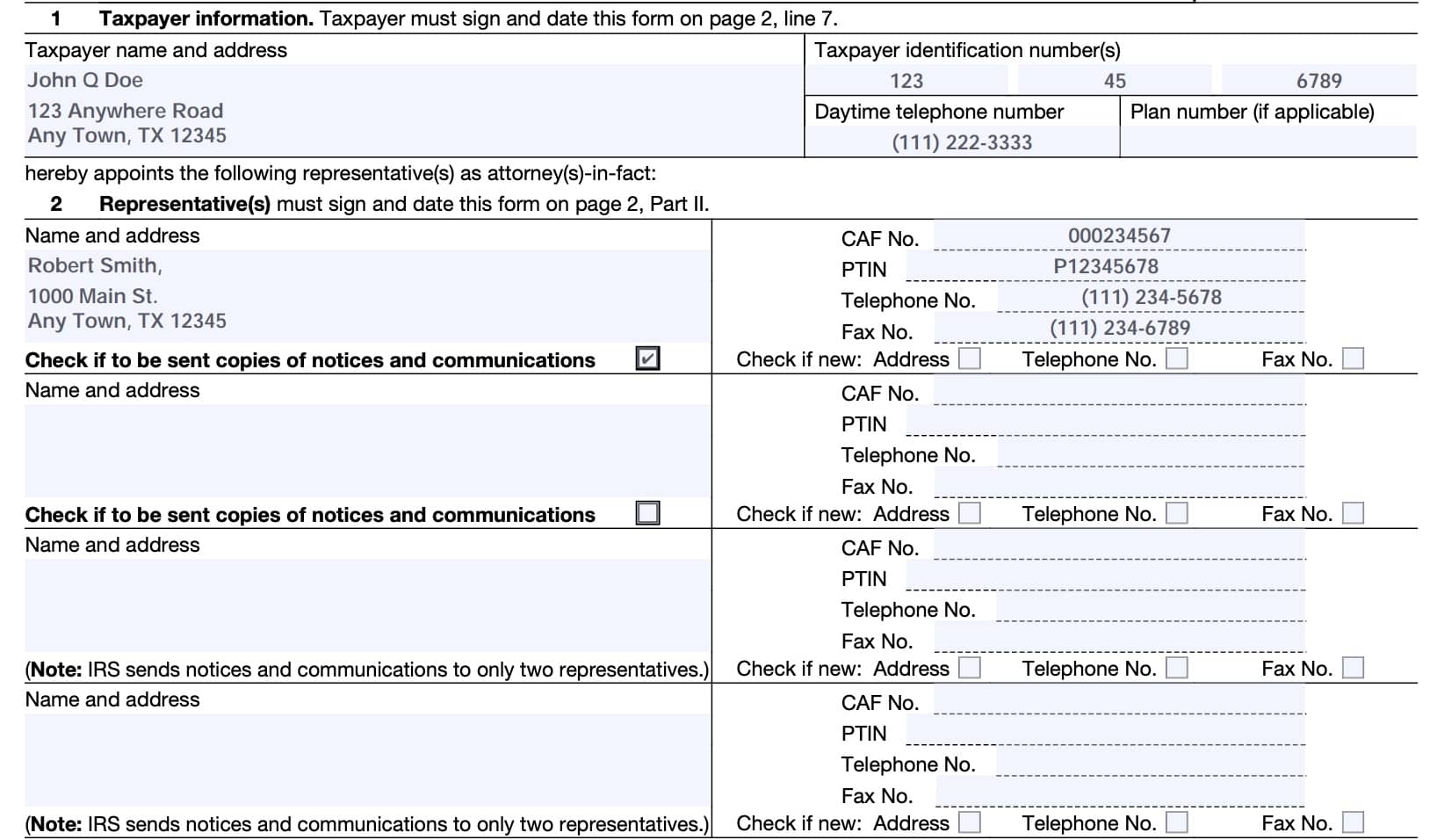 irs form 2848, line 1: taxpayer information and line 2: representative(s)