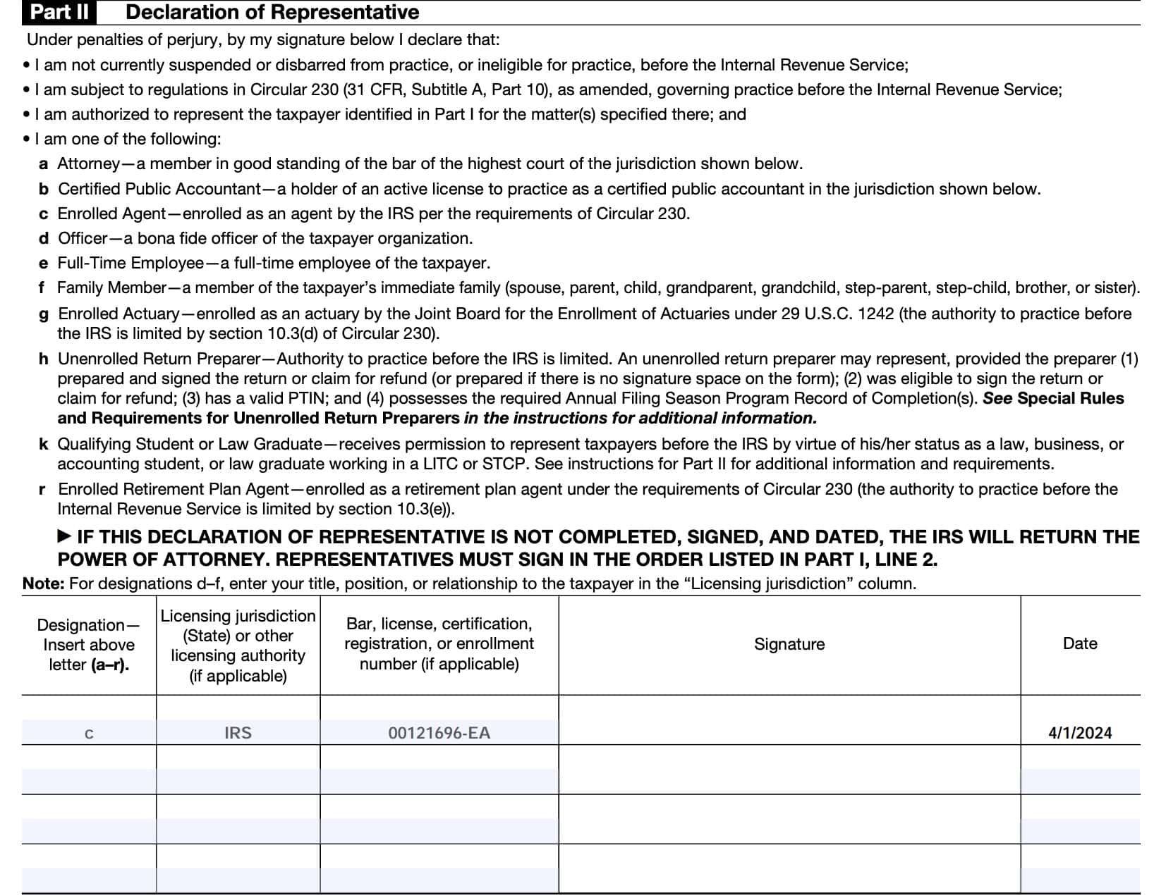 part ii, declaration of representative