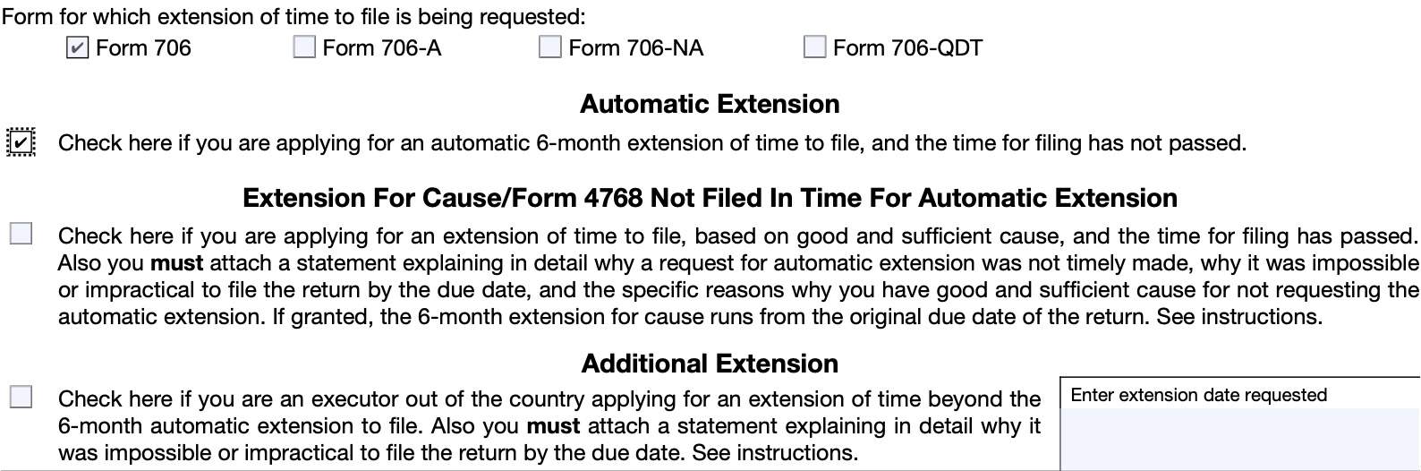 IRS Form 4768, part ii: Extension of Time To File Form 706, 706-A, 706 NA, or 706-QDT (Section 6081)
