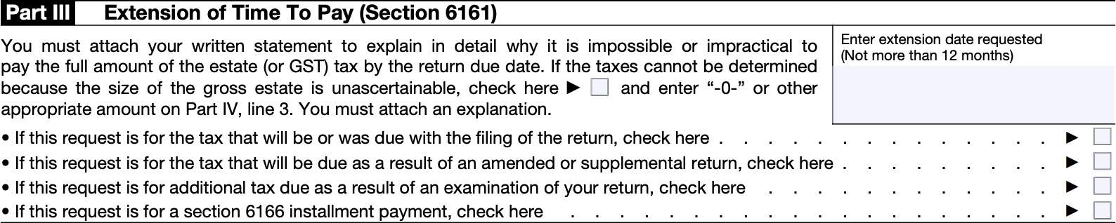 irs form 4768, part III, extension of time to pay (section 6161)