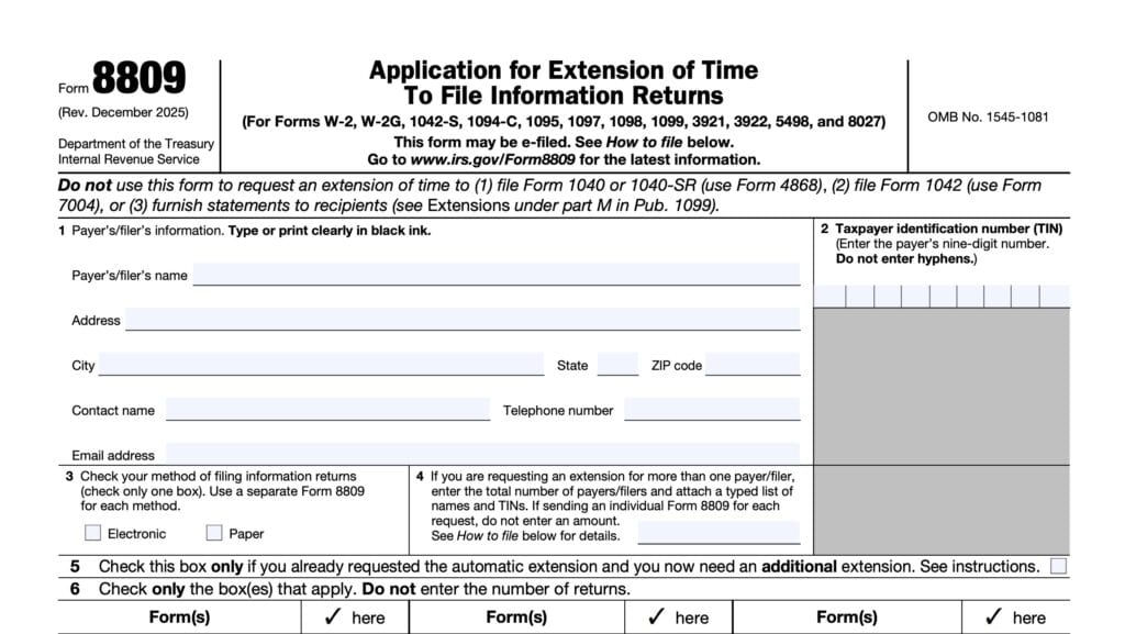 irs form 8809, application for extension of time to file information returns