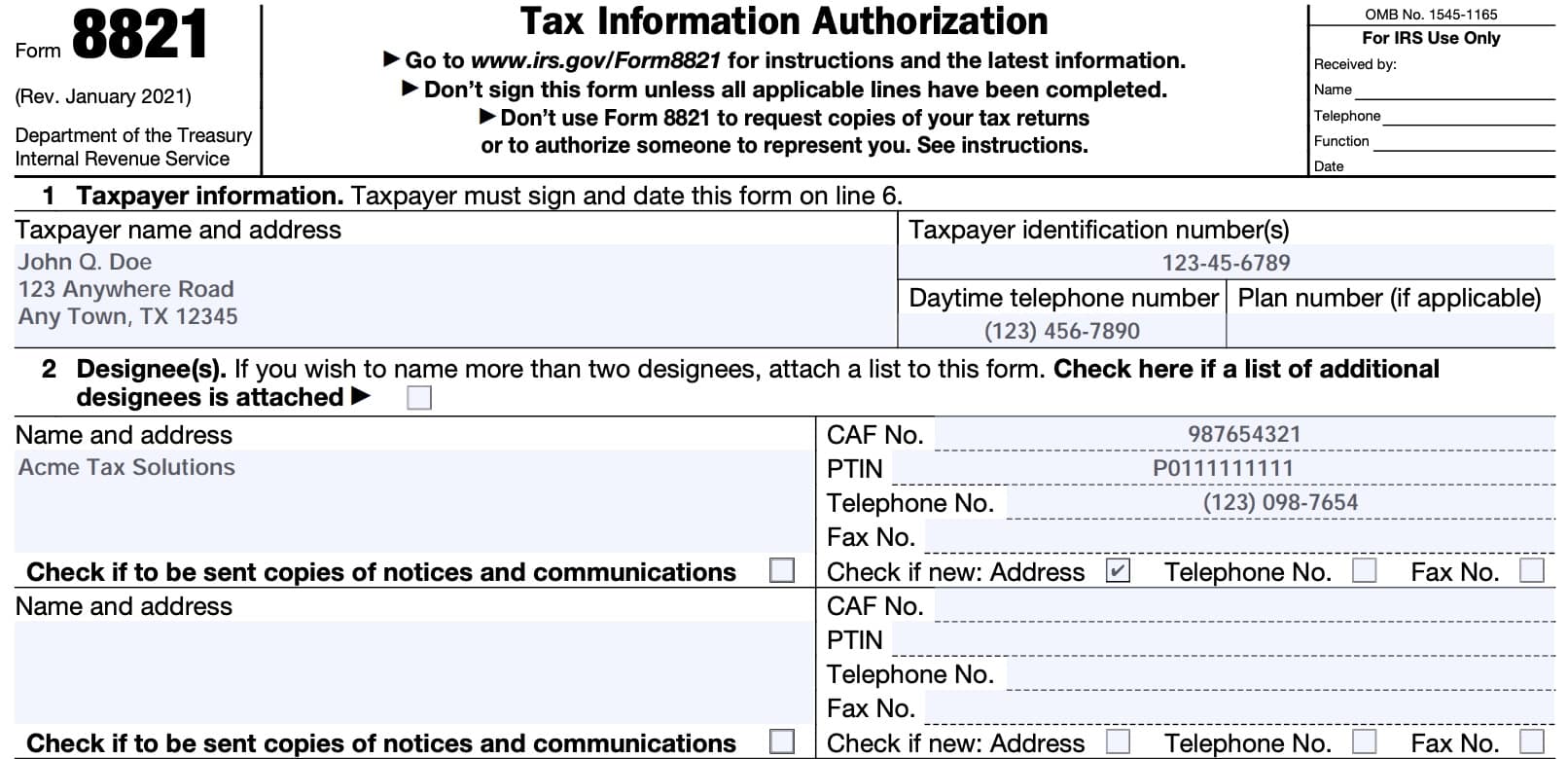 irs form 8821, tax information authorization, line 1: taxpayer information & line 2: designee(s)