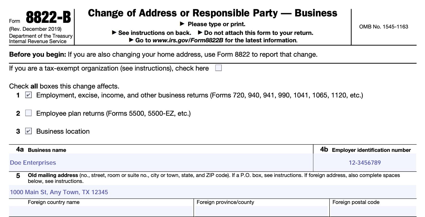 irs form 8822-b, change of address or responsible party - business, top