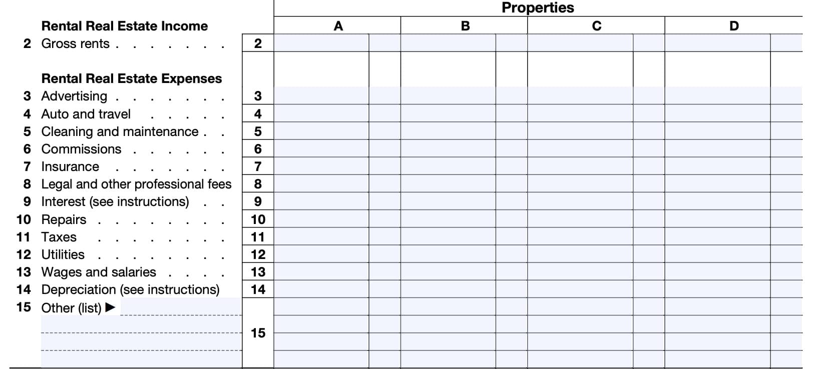 properties a through d, income and expenses