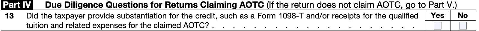 irs form 8867, part iv: due diligence questions for returns claiming aotc