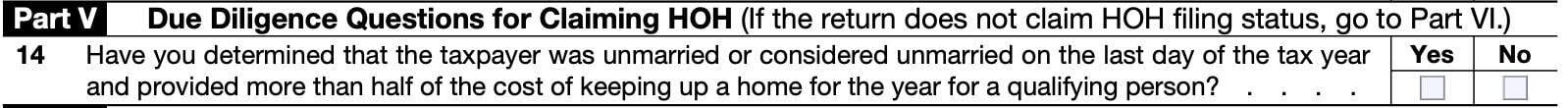 irs form 8867 part v, due diligence questions for claiming hoh