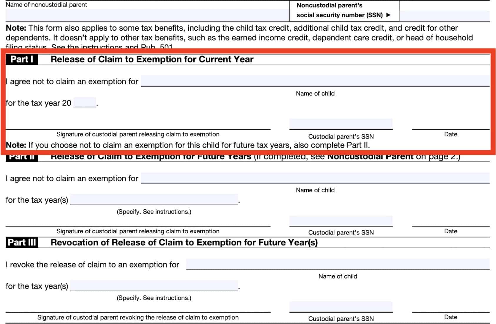 irs form 8332, part i: release of claim to exemption for current year