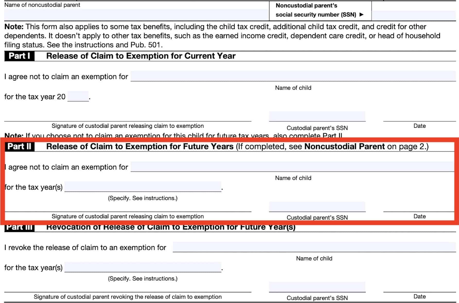 irs form 8332, part ii: release of claim to exemption for future years