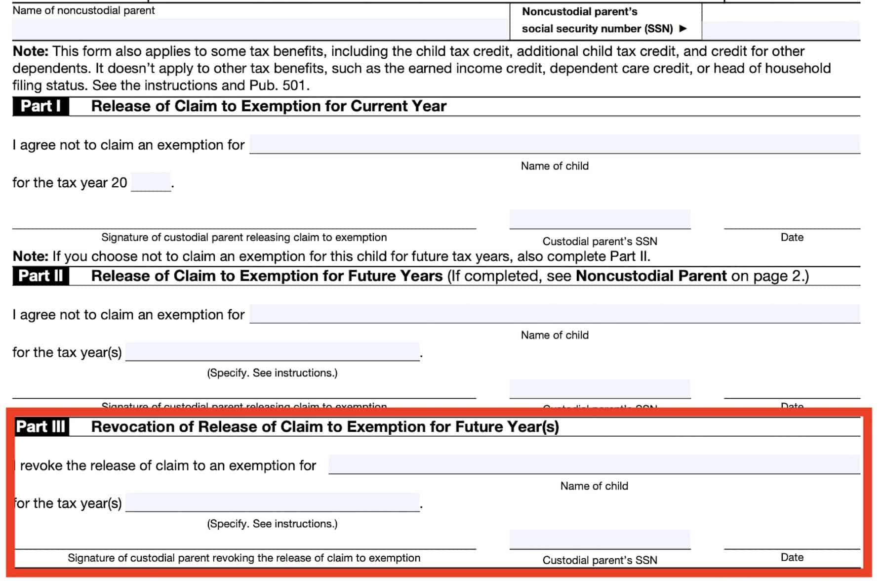 form 8332, part iii: revocation of prior release of claim of exemption for future years