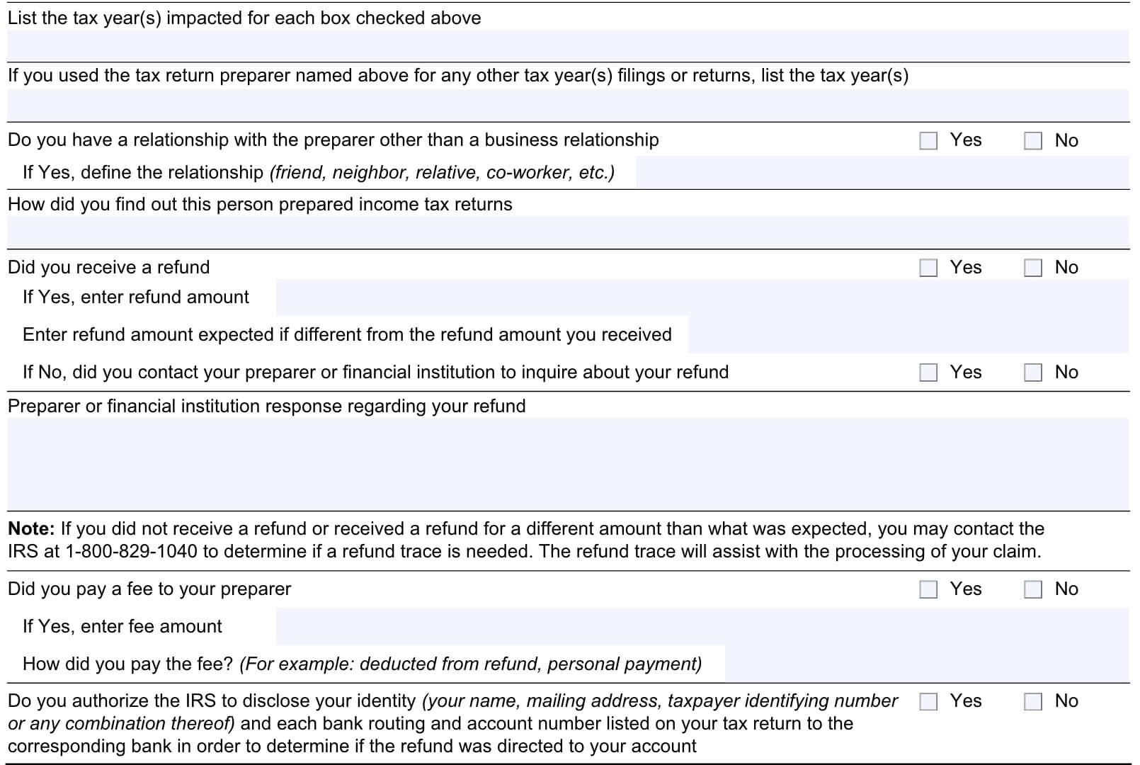 IRS Form 14157-A, tax return preparer fraud or misconduct affidavit, additional information