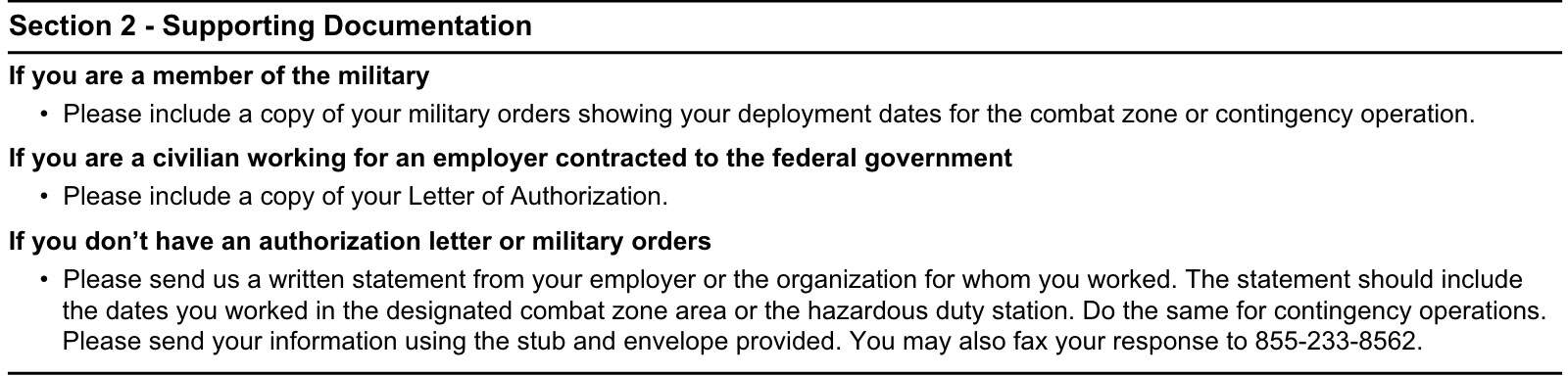 irs form 15109, section 2: supporting documentation