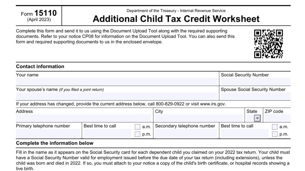 irs form 15110, additional child tax credit worksheet