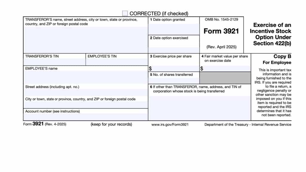 irs form 3921, Exercise of an Incentive Stock Option Under Section 422(b)
