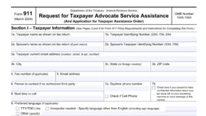 irs form 911, request for taxpayer advocate service assistance