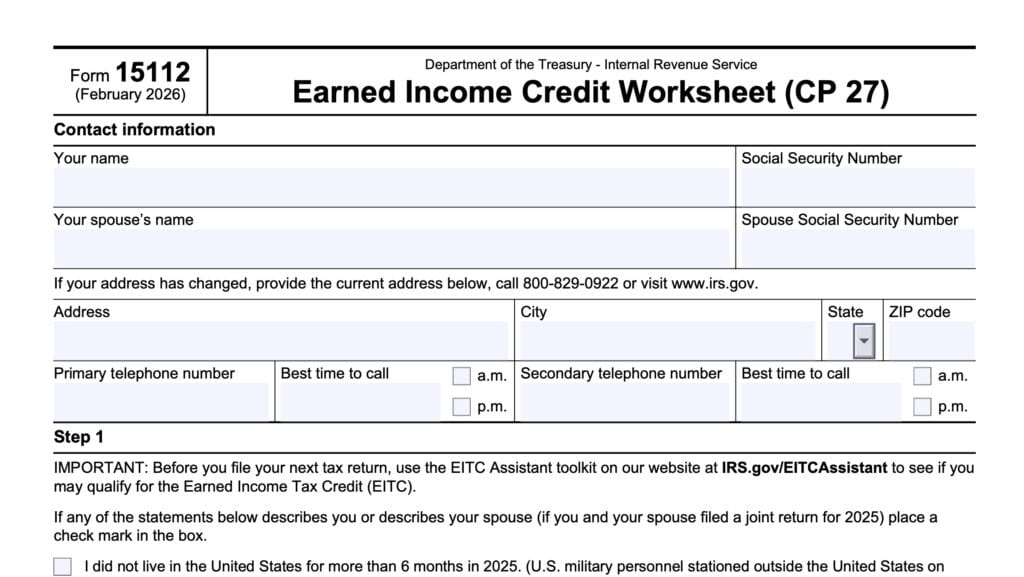 irs form 15112, earned income credit worksheet (CP 27)