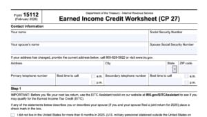 irs form 15112, earned income credit worksheet (CP 27)