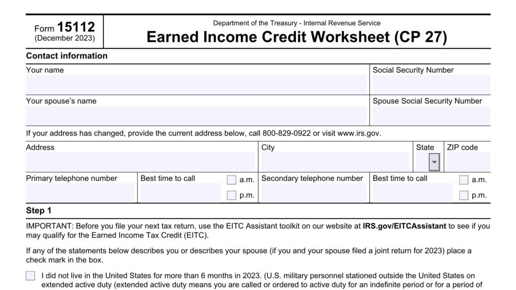 irs form 15112, earned income credit worksheet (cp 27)