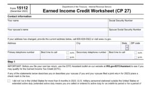 irs form 15112, earned income credit worksheet (cp 27)