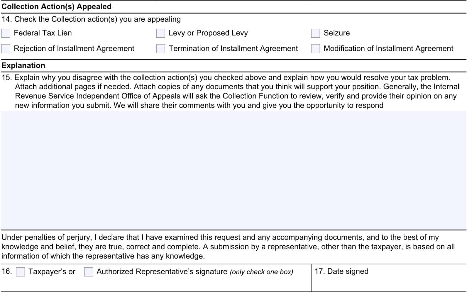 irs form 9423, blocks 14 through 17