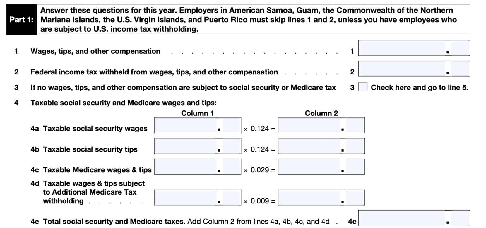 irs form 944, part 1, lines 1 through 4e
