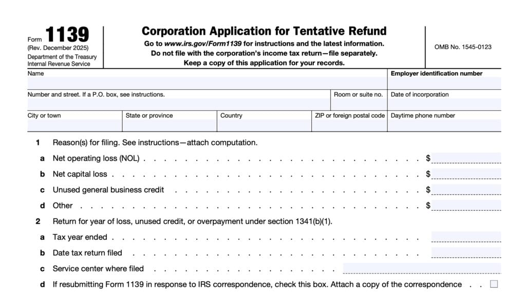 irs form 1139, corporate application for tentative refund