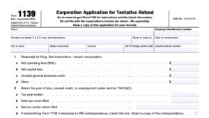 irs form 1139, corporate application for tentative refund