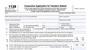 irs form 1139, corporate application for tentative refund