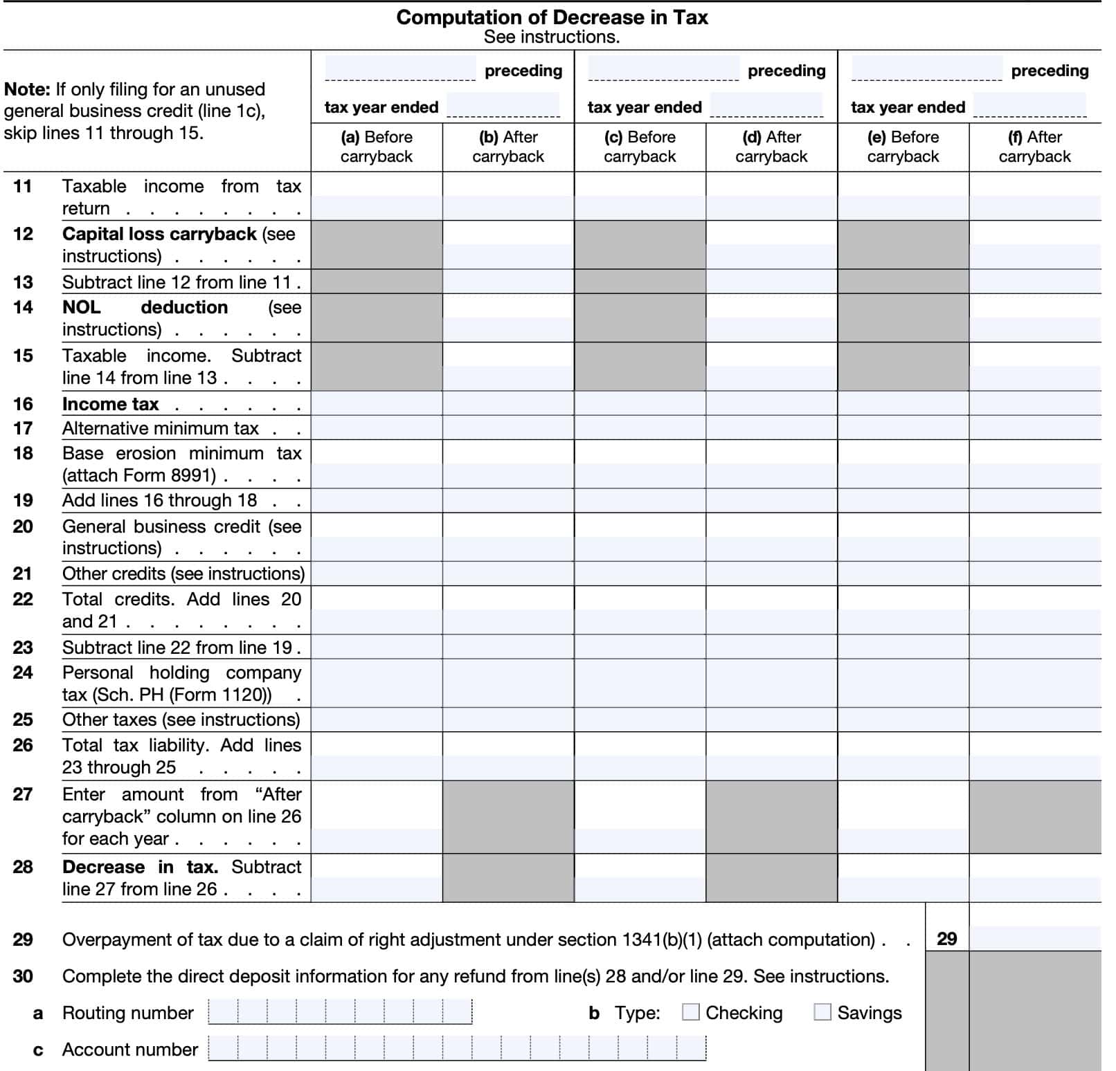 irs form 1139, lines 11 thorugh 30
