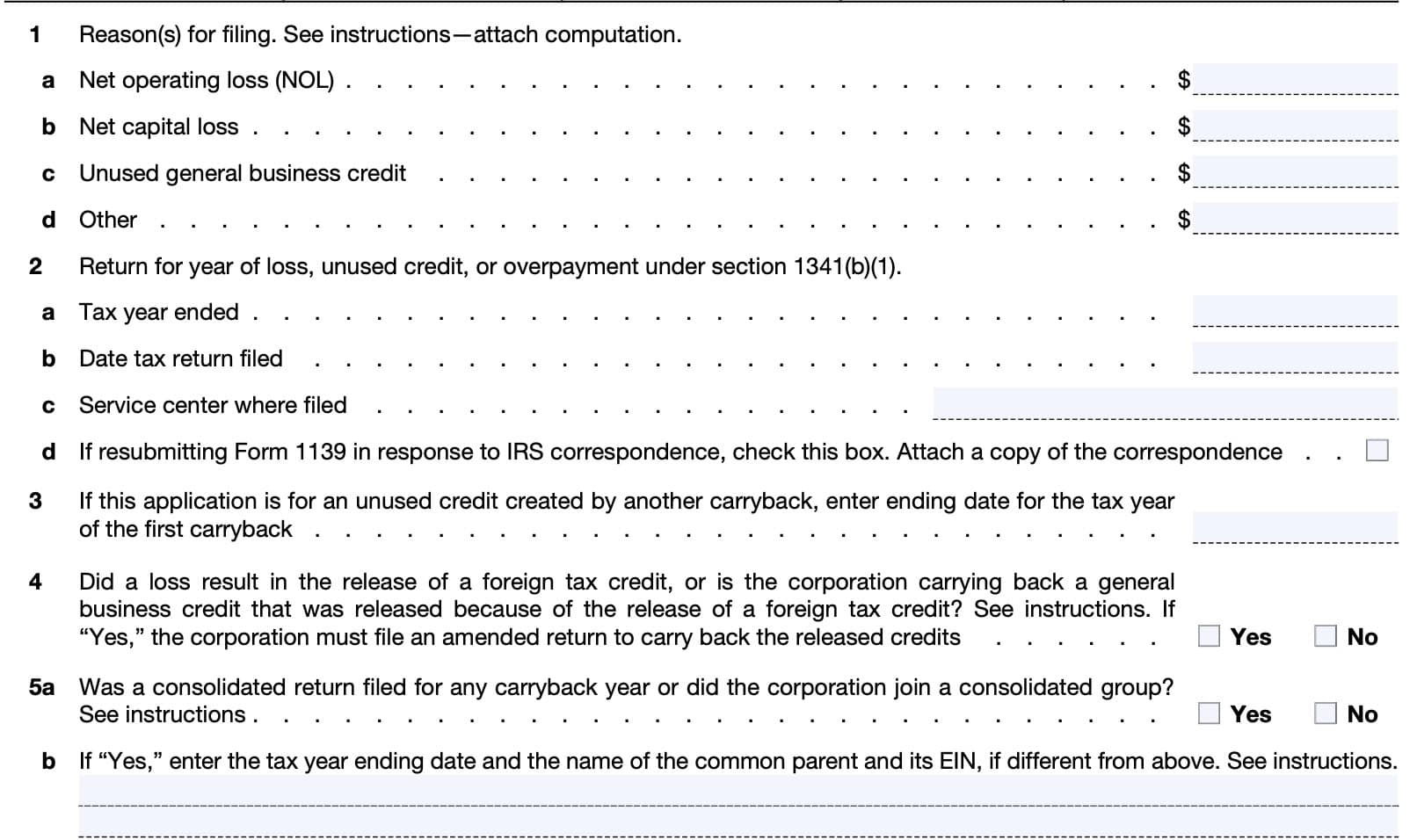 irs form 1139, lines 1 through 5

