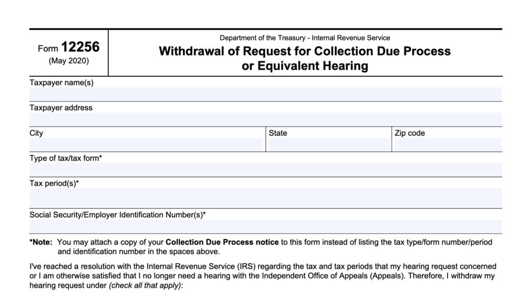 irs form 12256, withdrawal of request for collection due process or equivalent hearing