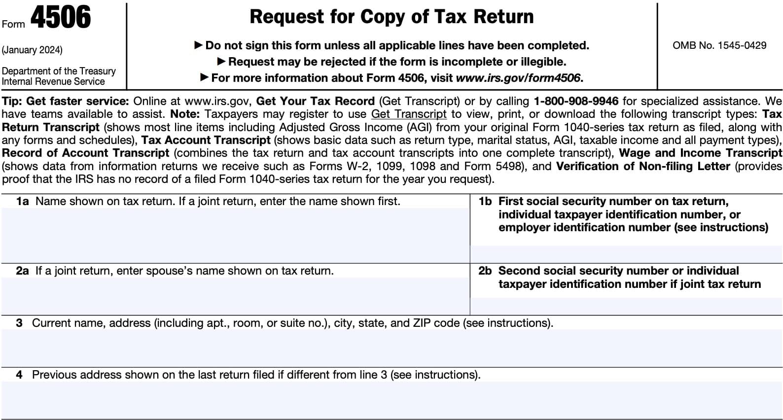 irs form 4506, lines 1 through 4