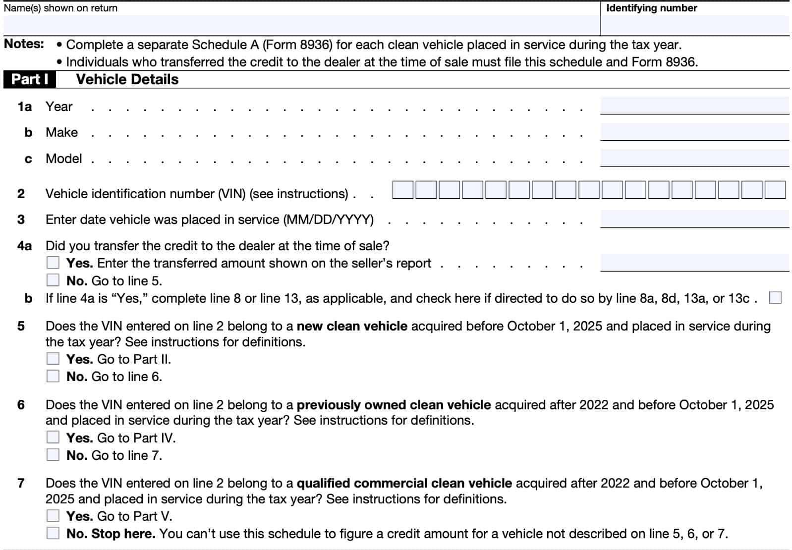 schedule a, part I: vehicle details
